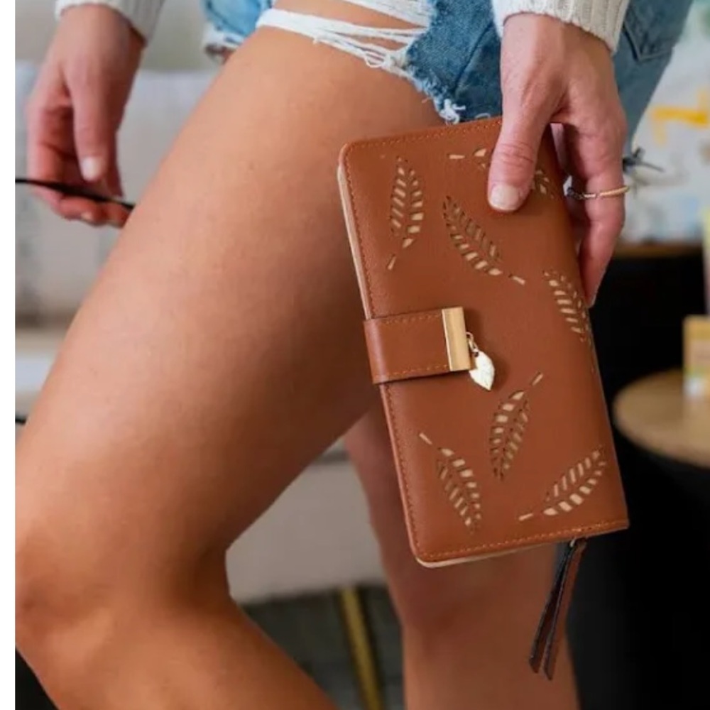 Vegabond Hoods Brown Clutch with Leaf Cutout Design